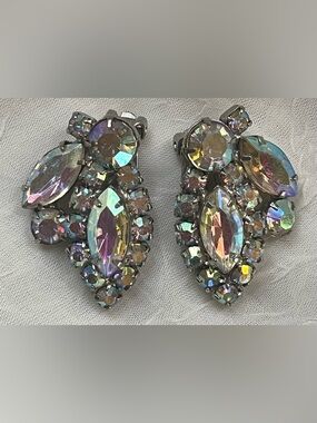 Albert Weiss Iridescent Aurora Crystal Clip-On Earrings. Signed.
